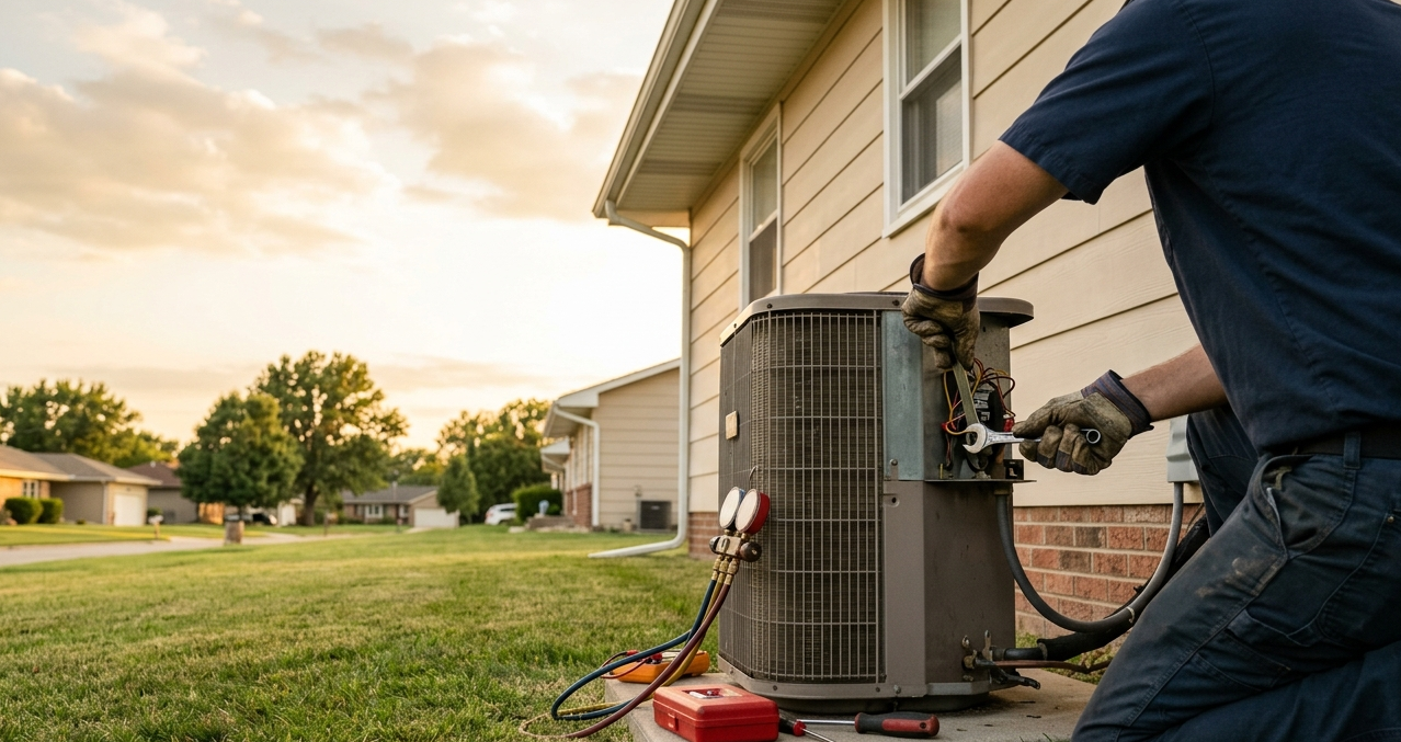 Girasol Heating & Air technician servicing an HVAC system at a Wichita, Kansas home